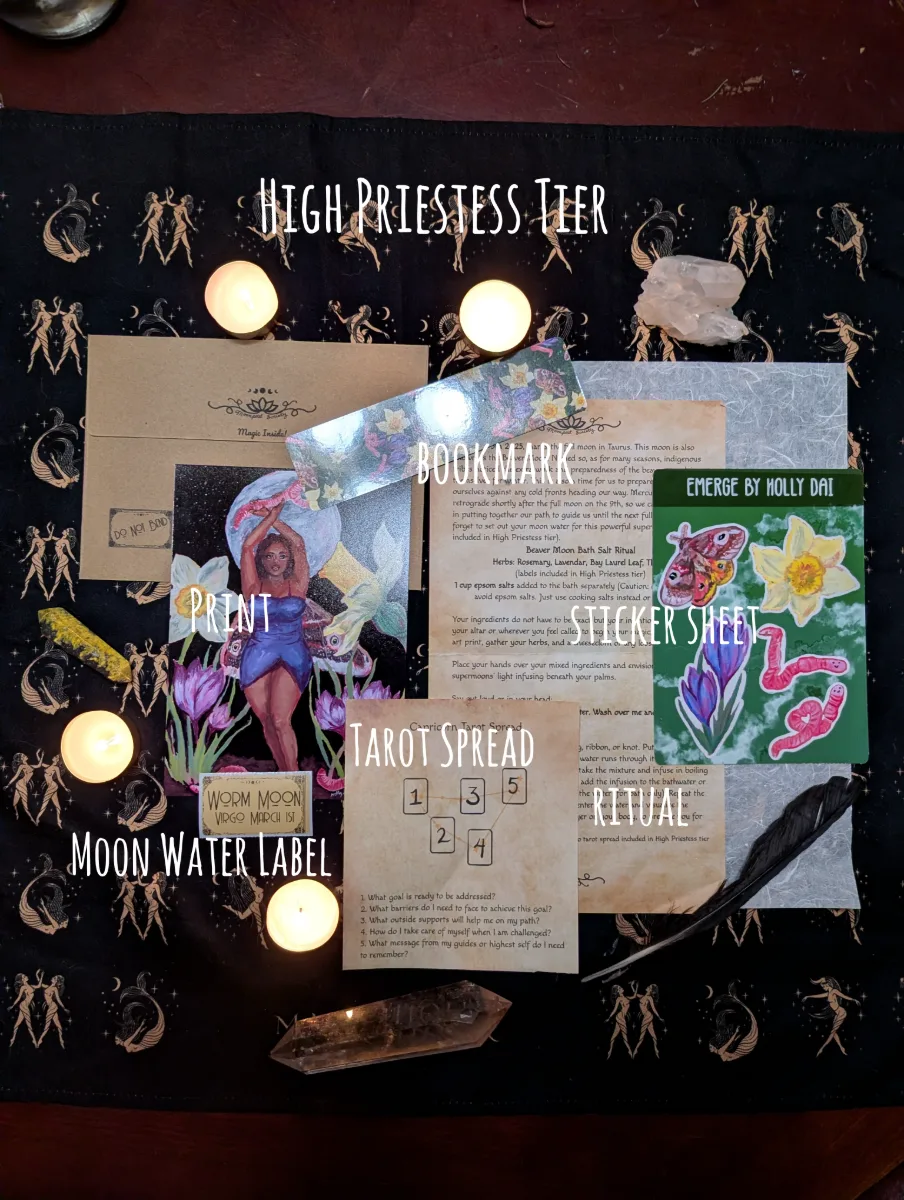 High Priestess includes print, sticker sheet, tarot spread, moon water label, ritual and an extra goodie