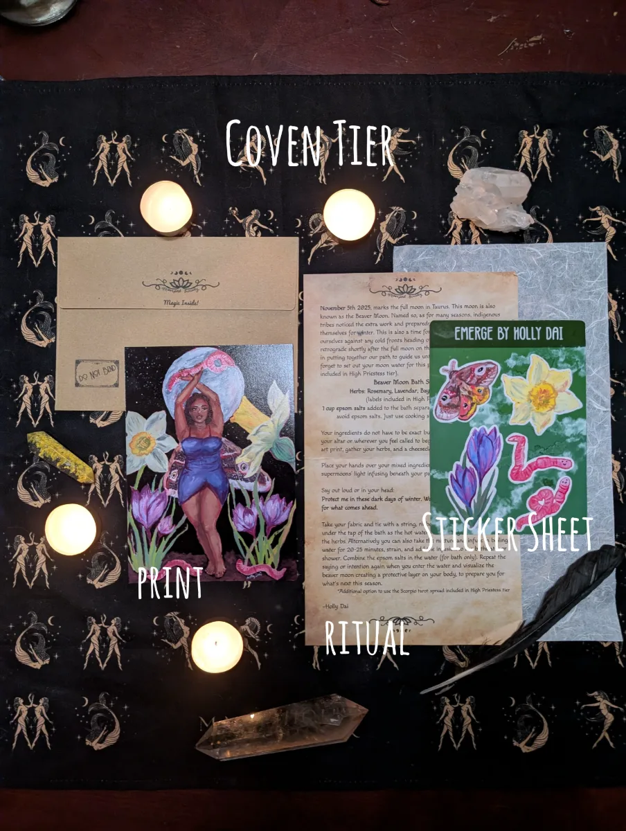 Coven tier includes art print, ritual, and sticker sheet